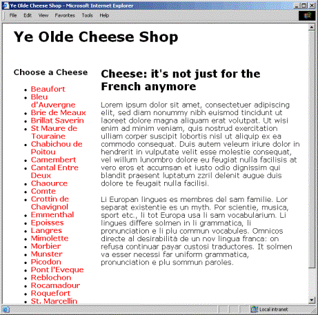 Browser screen shot of above Ye Olde Cheese Shop page.