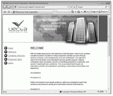 Figure 7.1 The Vecta Corp site, designed using AP Elements, shown in Internet Explorer 7.