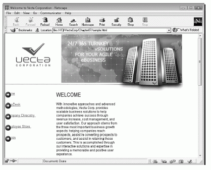 Figure 7.2 The Vecta Corp site, designed using AP Elements, shown in the Netscape 4 browser.