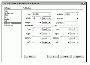 Figure 7.12 Modify the Positioning attributes for the Header rule.