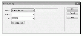 Figure 7.14 Use the Insert Div Tag dialog to create a new div tag in the page.