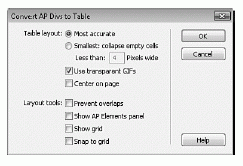 Figure 7.18 The Convert AP Divs to Table dialog facilitates the process of converting our CSS-based design to one that uses tables.