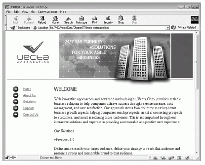 Figure 7.19 The page using tables looks as good in Netscape 4.7 as it did in newer browser versions using AP Elements.