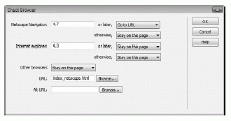 Figure 7.20 Configure the Check Browser behavior so that users visiting your site using Netscape 4 browsers are automatically redirected to the correct page.