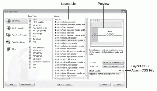 Figure 7.21 Choose from a list of prebuilt CSS-structured page layouts.