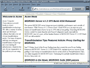 Acme's framed homepage on Netscape Navigator 6.0PR2