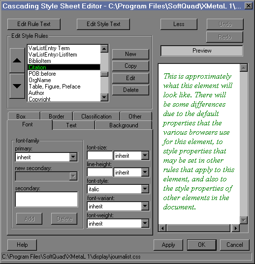 The XMetaL style editor          window