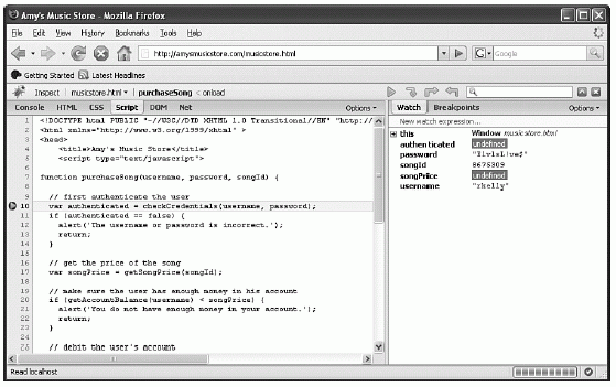 Figure 6-9 Attaching a breakpoint to JavaScript with Firebug