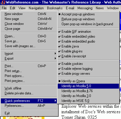 Opera 6's Quick Preferences Menu