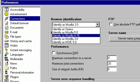 Opera 5 Browser Connection Preferences