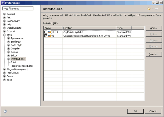 Installed JREs dialog