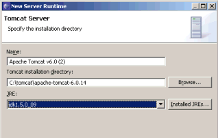 New Server Runtime dialog - Tomcat configuration