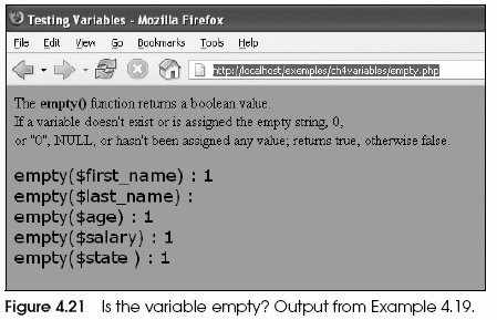 Figure 4.21 Is the variable empty? Output from Example 4.19.